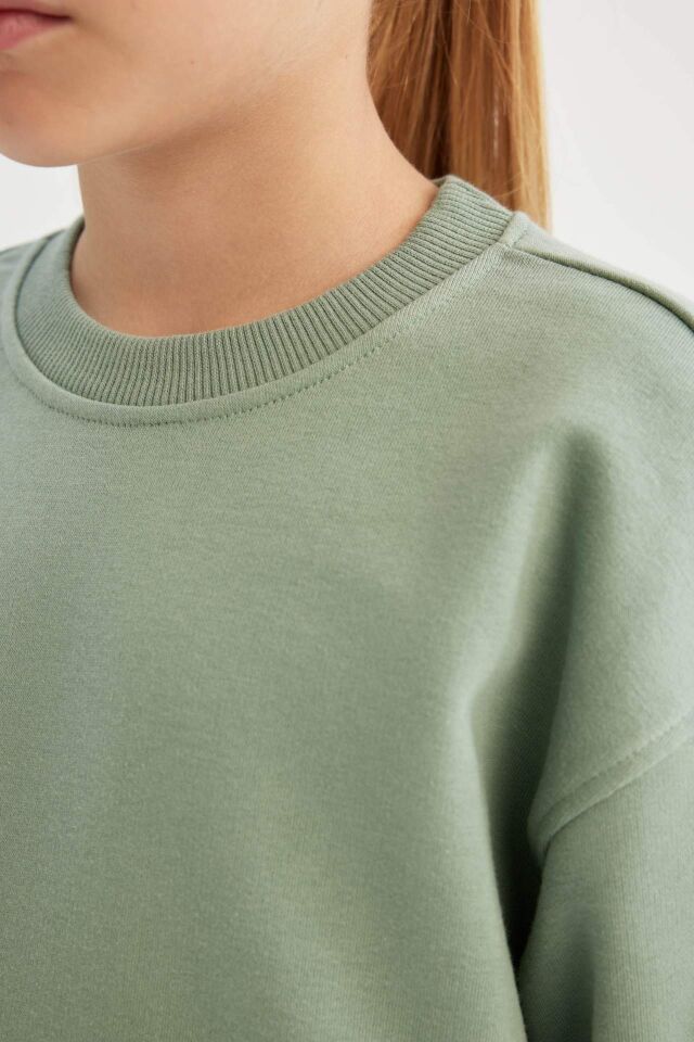 Kız Çocuk Relax Fit Bisiklet Yaka Pamuklu Basic Düz Okul Sweatshirt