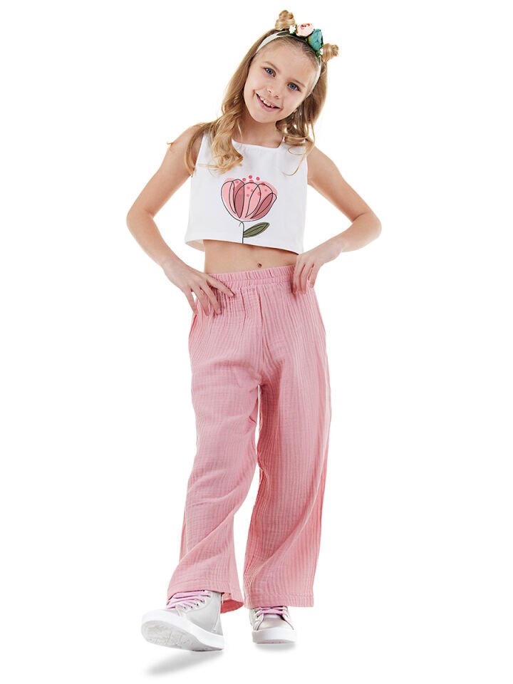 Çiçekli Kız Çocuk Pembe Müslin Pantolon Takım 6 Y - Pembe