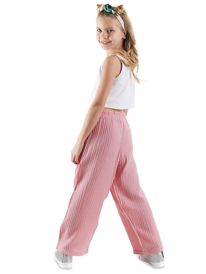 Çiçekli Kız Çocuk Pembe Müslin Pantolon Takım 6 Y - Pembe