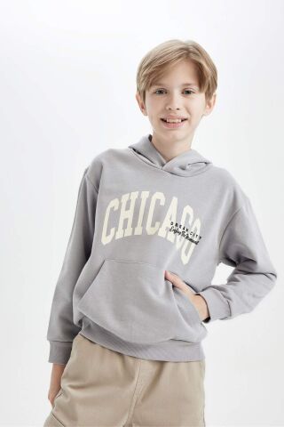 Erkek Çocuk Kapüşonlu Cepli Baskılı Sweatshirt