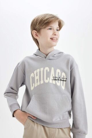 Erkek Çocuk Kapüşonlu Cepli Baskılı Sweatshirt