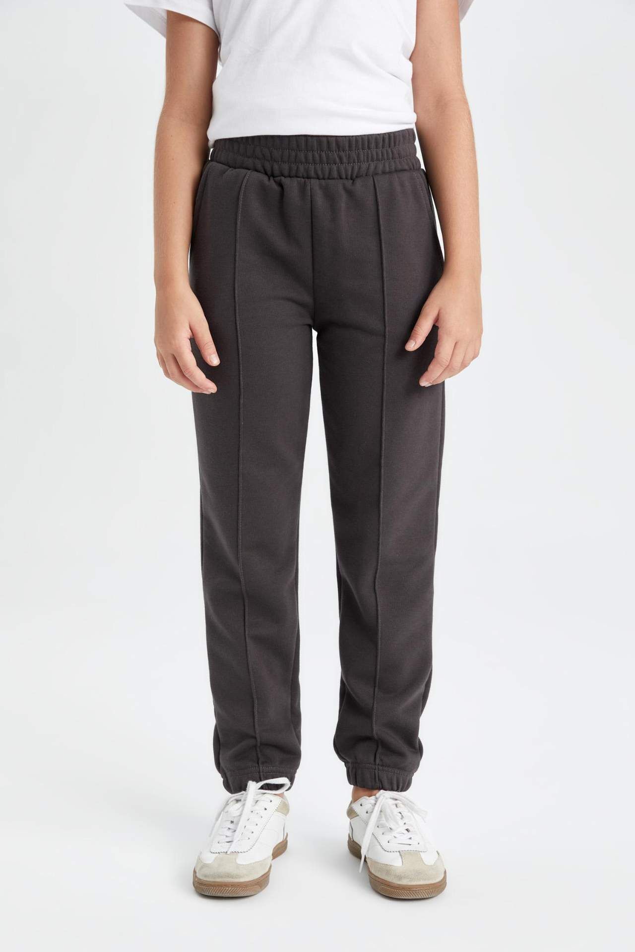 Kız Çocuk Antrasit Standart Fit Beli Paçası Lastikli Cepli Basic Düz Okul Jogger Eşofman Altı