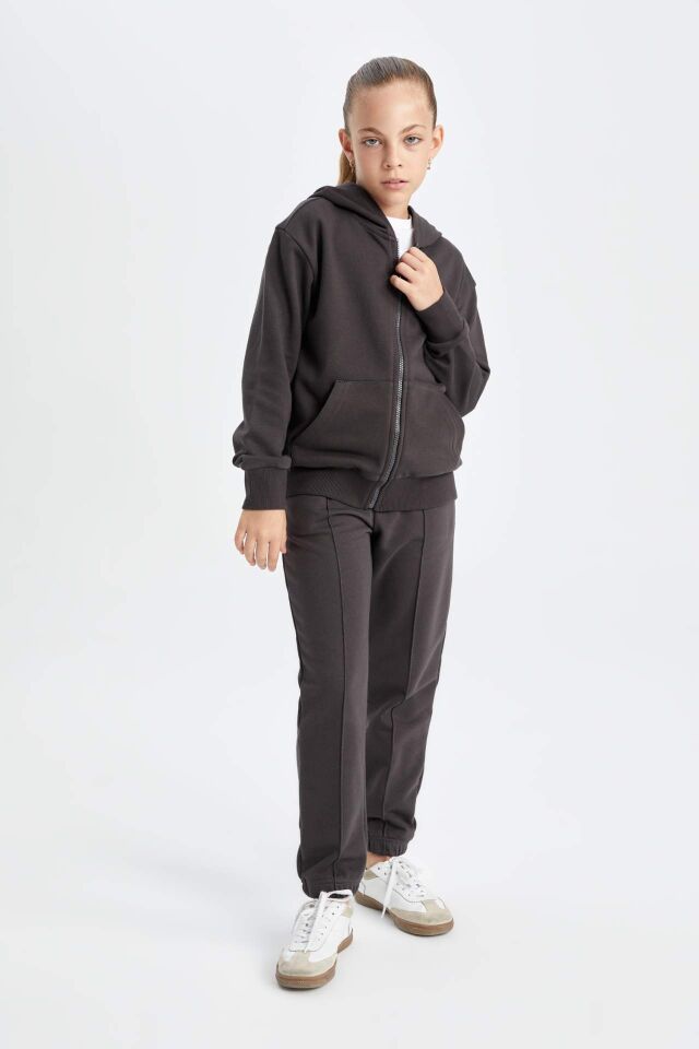 Kız Çocuk Antrasit Standart Fit Beli Paçası Lastikli Cepli Basic Düz Okul Jogger Eşofman Altı