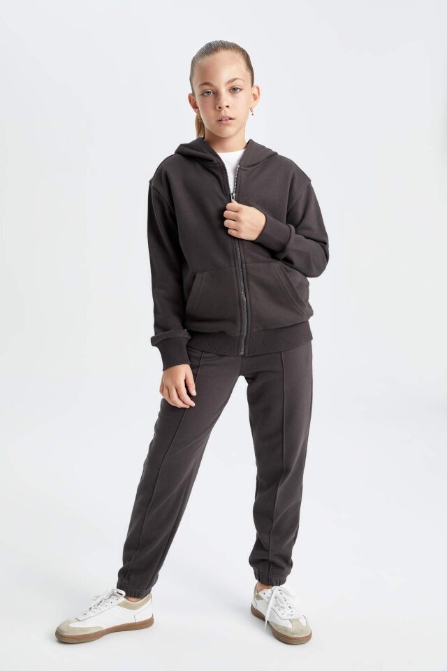 Kız Çocuk Antrasit Standart Fit Beli Paçası Lastikli Cepli Basic Düz Okul Jogger Eşofman Altı