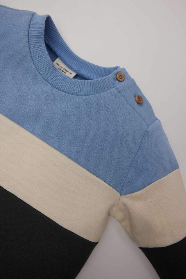 Erkek Bebek 2'li Takım Renk Bloklu Uzun Kollu İçi Yumuşak Tüylü Sweatshirt Beli Lastikli Eşofman Altı