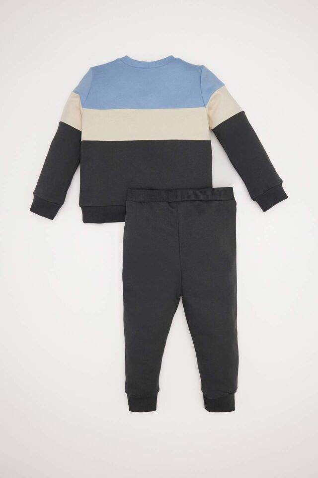 Erkek Bebek 2'li Takım Renk Bloklu Uzun Kollu İçi Yumuşak Tüylü Sweatshirt Beli Lastikli Eşofman Altı