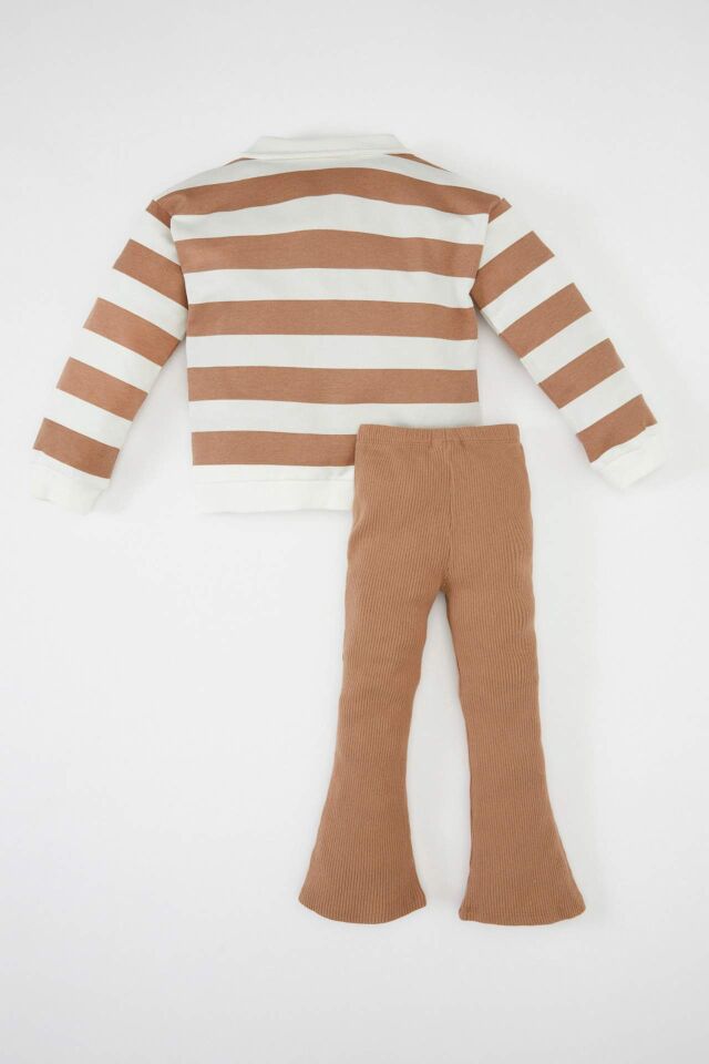 Kız Bebek 2'li Takım Polo Yaka Çizgili Sweatshirt Beli Lastikli İspanyol Paça Tayt