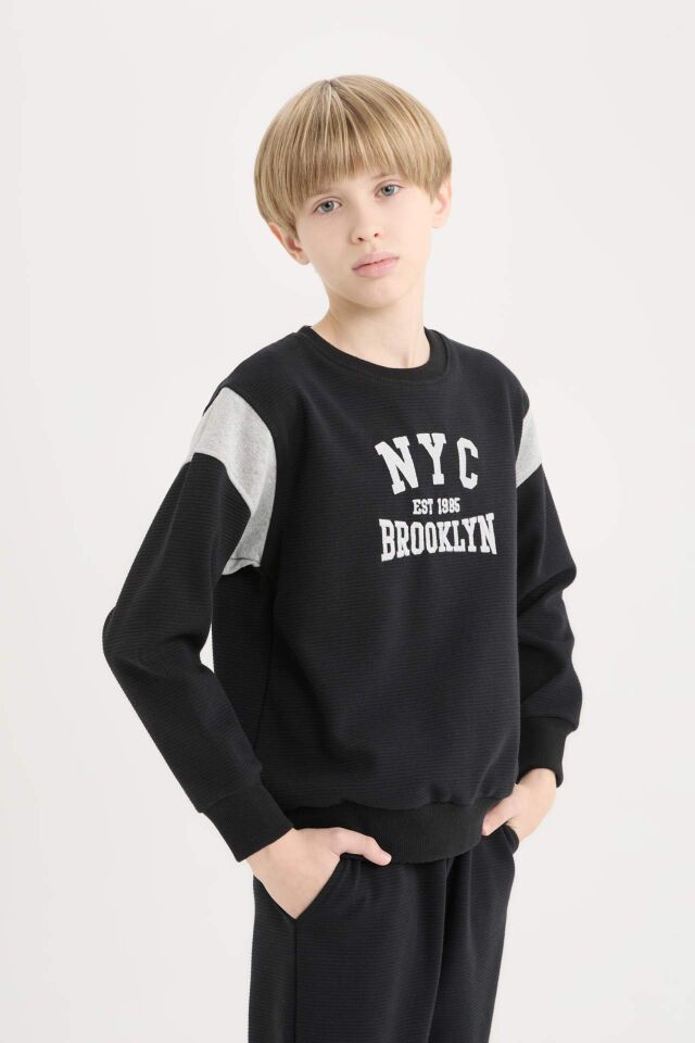 Erkek Çocuk 2'li Takım Baskılı Sweatshirt Beli Lastikli Eşofman Altı