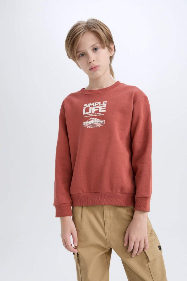 Erkek Çocuk Bisiklet Yaka Baskılı İçi Yumuşak Tüylü Sweatshirt