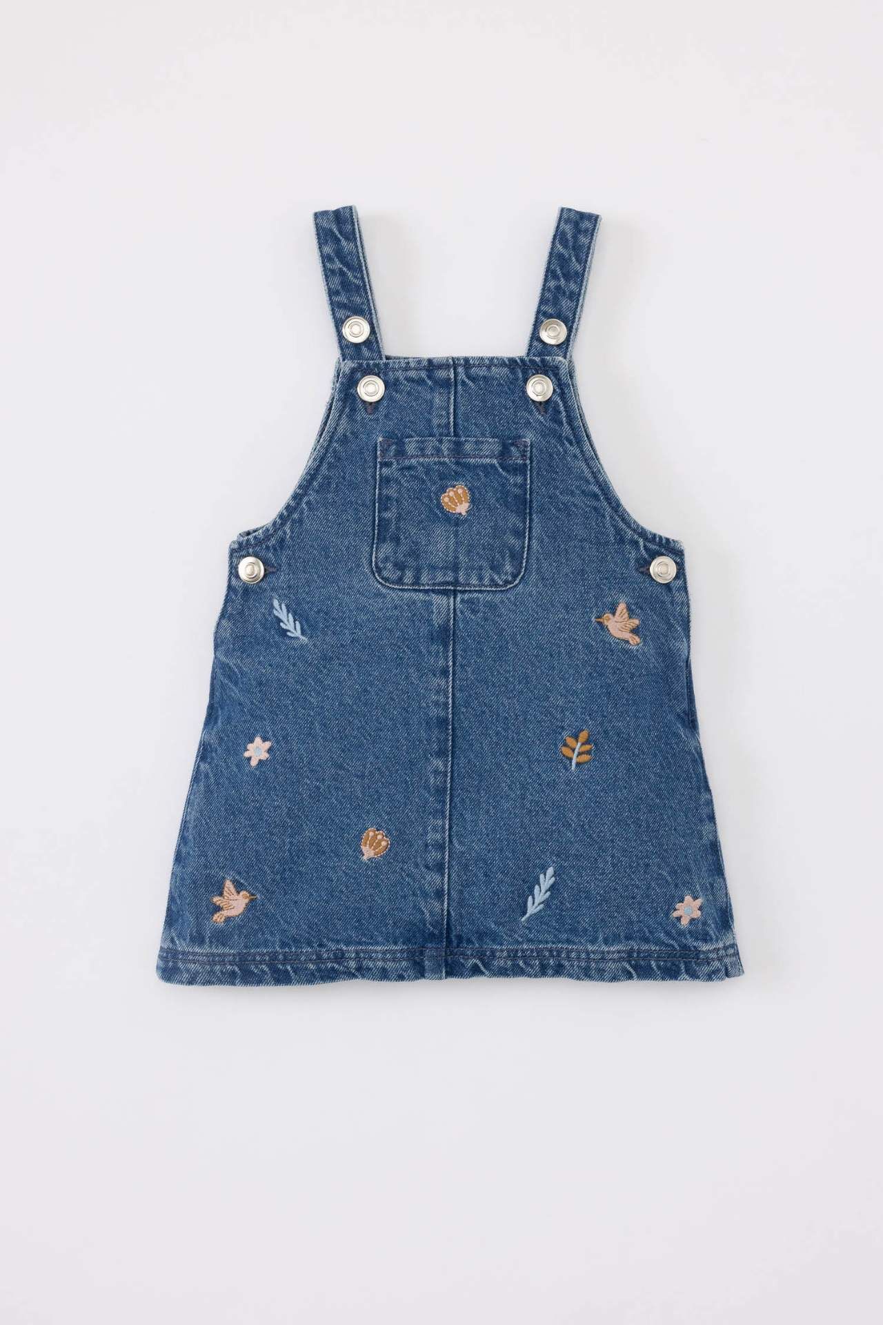Kız Bebek Nakışlı Askılı Jean Elbise