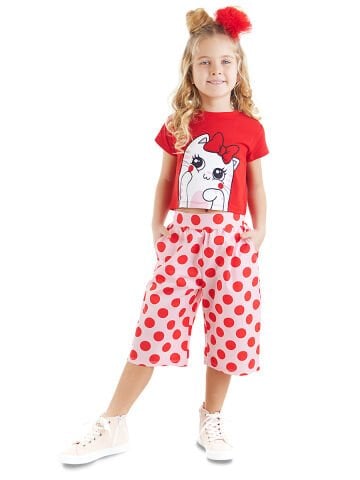 Ponçik Kedi Kız Çocuk T-shirt Kapri Şort Takım