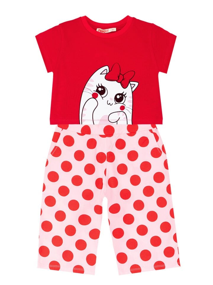 Ponçik Kedi Kız Çocuk T-shirt Kapri Şort Takım