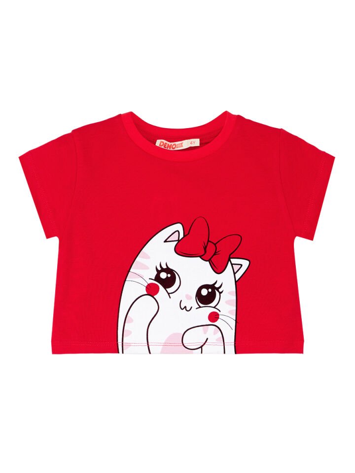 Ponçik Kedi Kız Çocuk T-shirt Kapri Şort Takım 2 Y - Kırmızı, Pembe