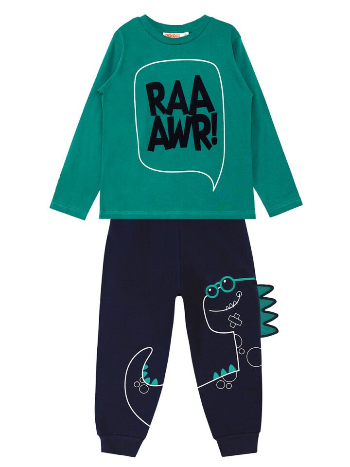 Tırtırlı Dino Erkek Çocuk T-shirt Pantolon Takım 7 Y - Lacivert, Yeşil
