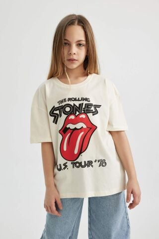 Kız Çocuk Rolling Stones Oversize Geniş Kalıp Bisiklet Yaka Kısa Kollu Tişört