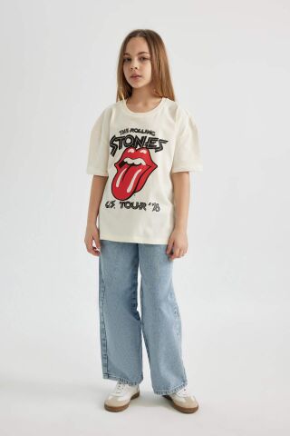 Kız Çocuk Rolling Stones Oversize Geniş Kalıp Bisiklet Yaka Kısa Kollu Tişört