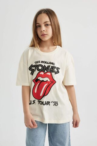 Kız Çocuk Rolling Stones Oversize Geniş Kalıp Bisiklet Yaka Kısa Kollu Tişört