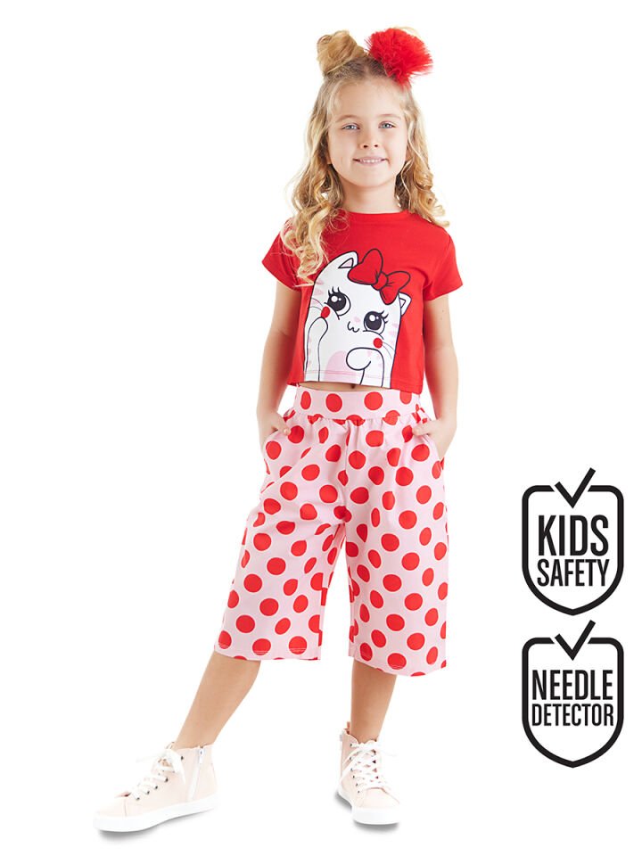 Ponçik Kedi Kız Çocuk T-shirt Kapri Şort Takım 4 Y - Kırmızı, Pembe