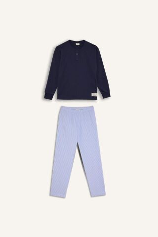 Erkek Çocuk Pijama Takımı Dokuma Bisiklet Yaka Uzun Kollu Üst Çizgili Alt