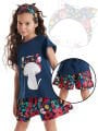 Çiçekli Kedi Kız Çocuk T-shirt Poplin Şort Takım