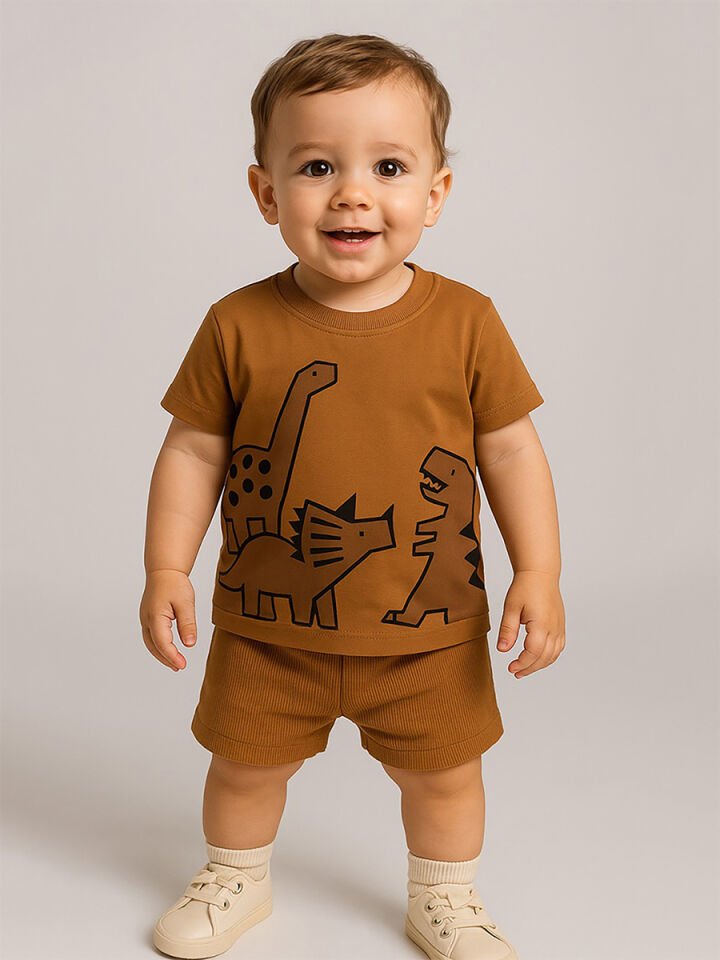 Dinozor Erkek Bebek T-shirt Kaşkorse Şort Takım 18-24 M - Kahverengi