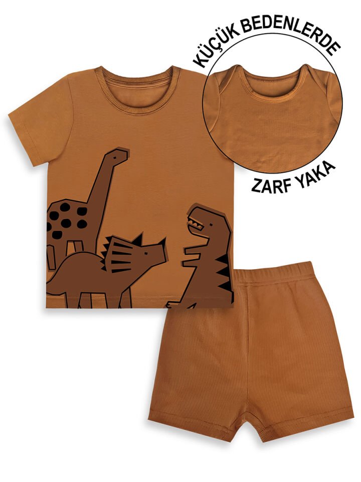 Dinozor Erkek Bebek T-shirt Kaşkorse Şort Takım 18-24 M - Kahverengi
