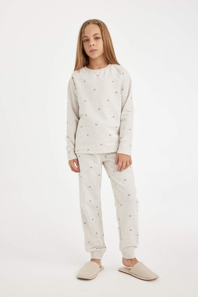 Kız Çocuk Pijama Takımı Kalp Baskılı Bisiklet Yaka Uzun Kollu Üst Uzun Alt