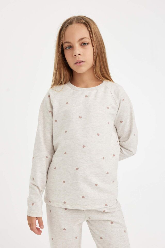 Kız Çocuk Pijama Takımı Kalp Baskılı Bisiklet Yaka Uzun Kollu Üst Uzun Alt