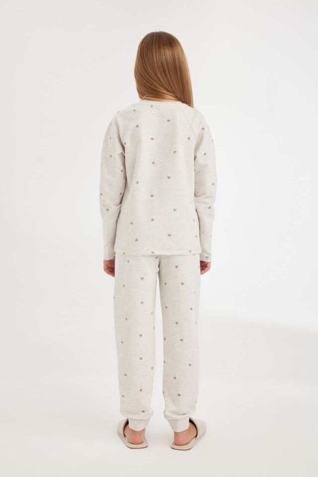 Kız Çocuk Pijama Takımı Kalp Baskılı Bisiklet Yaka Uzun Kollu Üst Uzun Alt