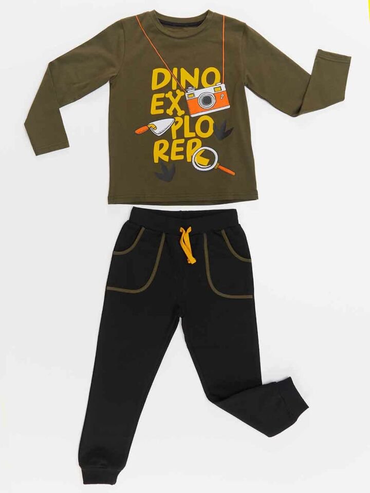 Dino Explorer Erkek Çocuk T-shirt Pantolon Takım 3 Y - Haki, Siyah