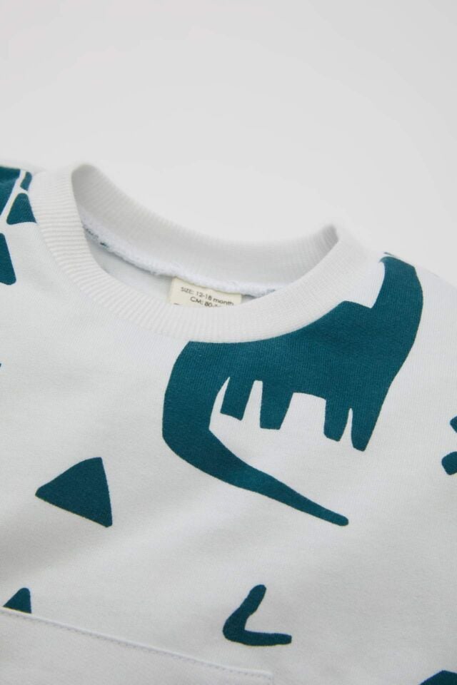 Erkek Bebek 2'li Takım Dinazor Desenli Bisiklet Yaka Sweatshirt Üst Beli Lastikli Jogger Eşofman Altı