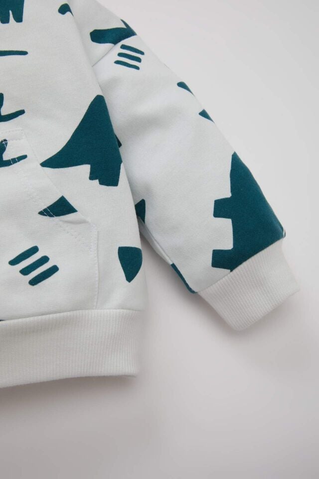 Erkek Bebek 2'li Takım Dinazor Desenli Bisiklet Yaka Sweatshirt Üst Beli Lastikli Jogger Eşofman Altı