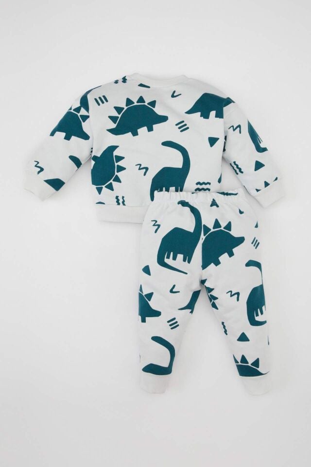 Erkek Bebek 2'li Takım Dinazor Desenli Bisiklet Yaka Sweatshirt Üst Beli Lastikli Jogger Eşofman Altı