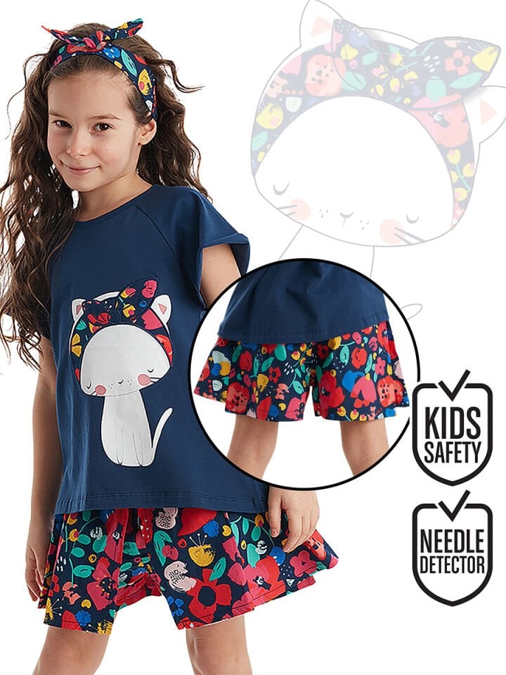 Çiçekli Kedi Kız Çocuk T-shirt Poplin Şort Takım 5 Y - Lacivert