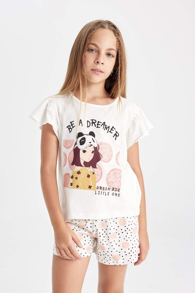 Kız Çocuk Pijama Takımı Bisiklet Yaka Baskılı Kısa Kollu Üst Şort