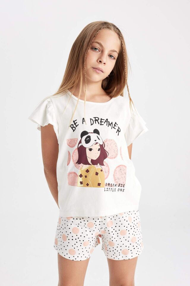 Kız Çocuk Pijama Takımı Bisiklet Yaka Baskılı Kısa Kollu Üst Şort