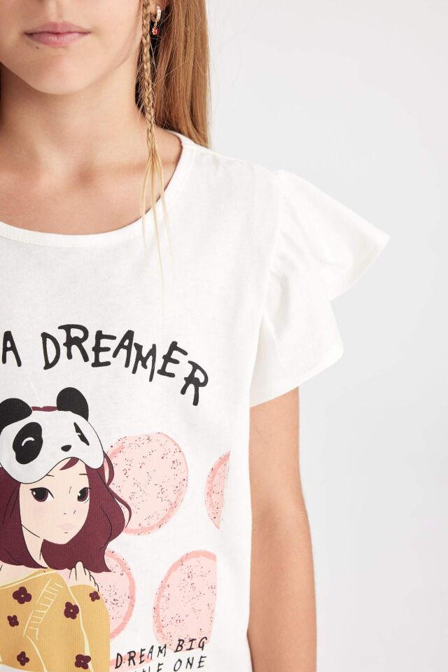 Kız Çocuk Pijama Takımı Bisiklet Yaka Baskılı Kısa Kollu Üst Şort