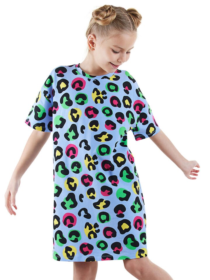 Leopar Kız Çocuk Oversize Elbise 5 Y - Mavi
