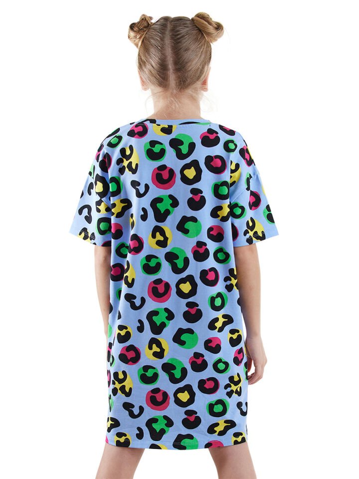 Leopar Kız Çocuk Oversize Elbise 5 Y - Mavi