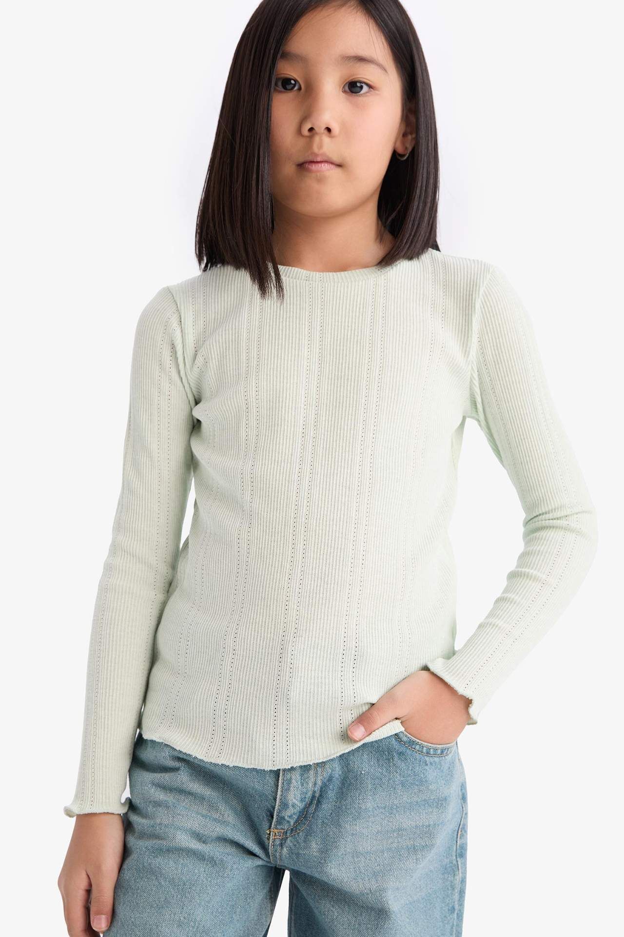 Kız Çocuk Slim Fit Dar Kesim Bisiklet Yaka Uzun Kollu Tişört