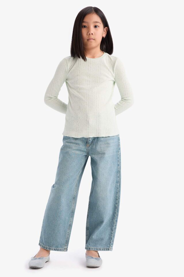 Kız Çocuk Slim Fit Dar Kesim Bisiklet Yaka Uzun Kollu Tişört