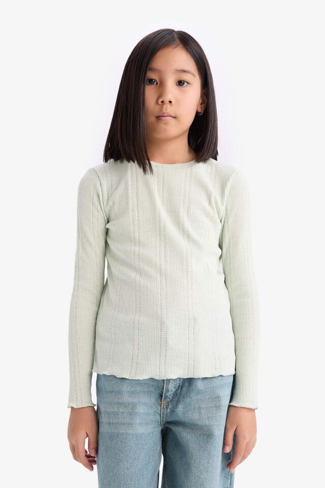 Kız Çocuk Slim Fit Dar Kesim Bisiklet Yaka Uzun Kollu Tişört