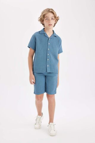 Erkek Çocuk Oversize Geniş Kalıp Polo Yaka Müslin Kısa Kollu Gömlek