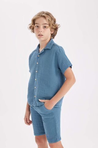 Erkek Çocuk Oversize Geniş Kalıp Polo Yaka Müslin Kısa Kollu Gömlek