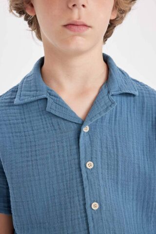 Erkek Çocuk Oversize Geniş Kalıp Polo Yaka Müslin Kısa Kollu Gömlek