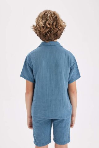 Erkek Çocuk Oversize Geniş Kalıp Polo Yaka Müslin Kısa Kollu Gömlek