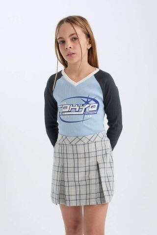 Kız Çocuk Slim Fit Dar Kesim V Yaka Baskılı Fitilli Kaşkorse Uzun Kollu Tişört