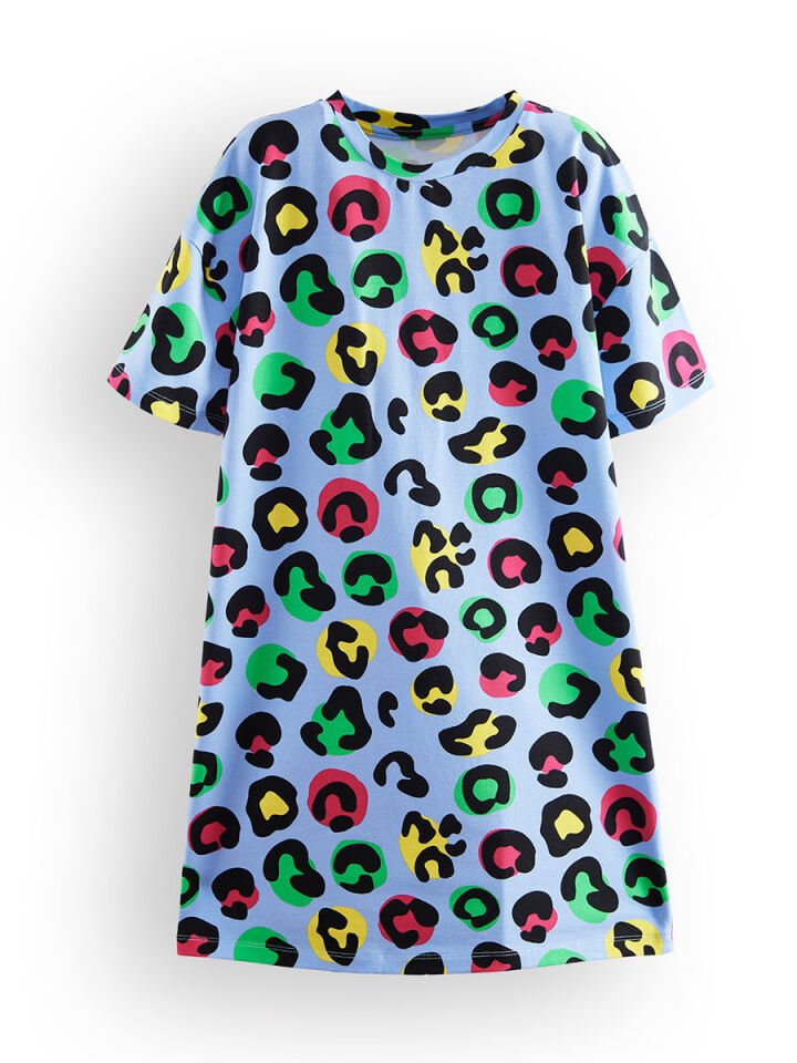 Leopar Kız Çocuk Oversize Elbise 8 Y - Mavi