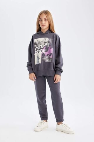 Kız Çocuk 2'li Takım Bisiklet Yaka Baskılı Sweatshirt Beli Lastikli Jogger  Eşofman Altı