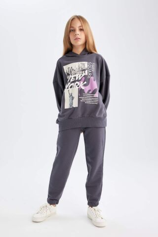 Kız Çocuk 2'li Takım Bisiklet Yaka Baskılı Sweatshirt Beli Lastikli Jogger  Eşofman Altı